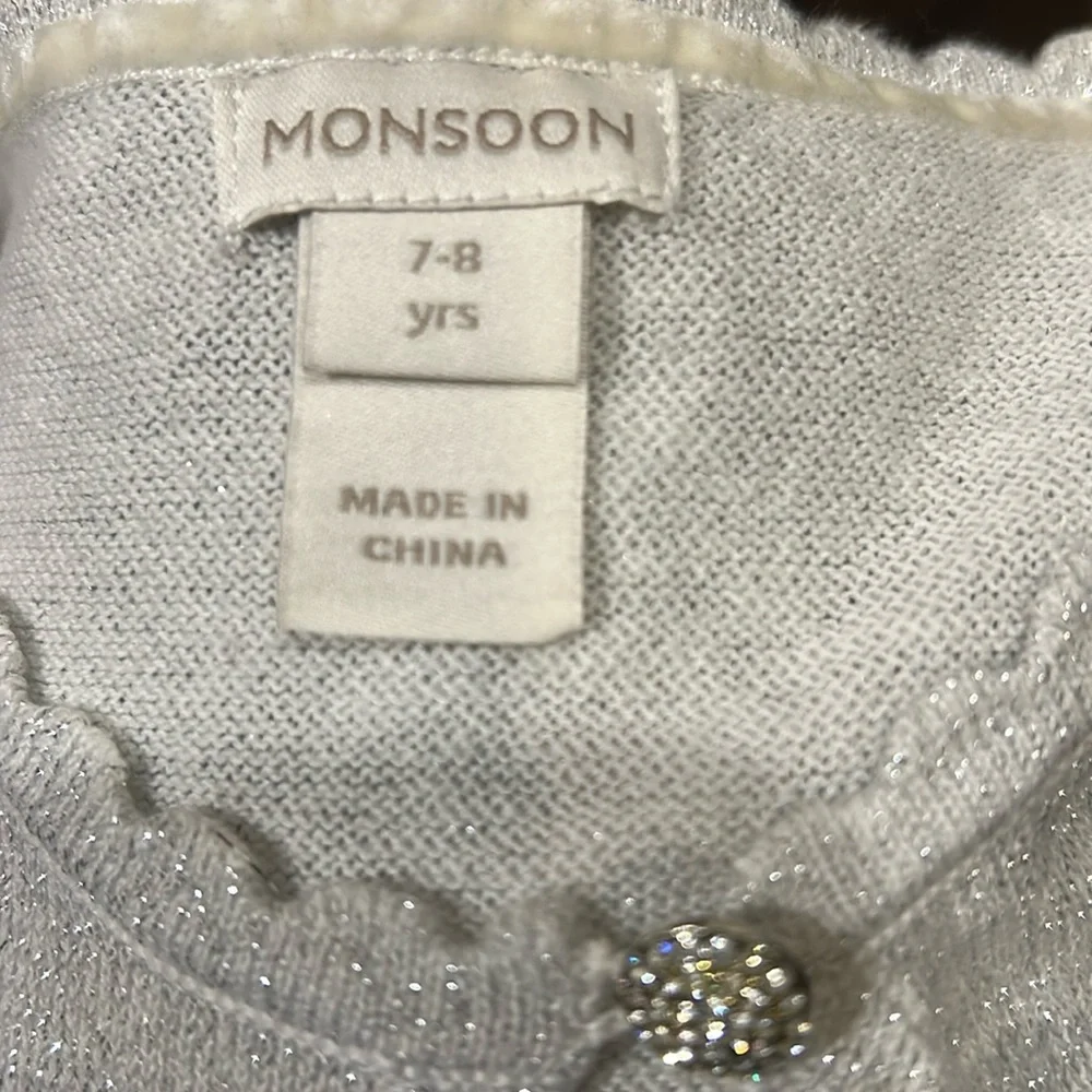 Monsoon SPARKLY SHRUG rhinestone button scalloped trim long sleeve size 7-8 yrs
